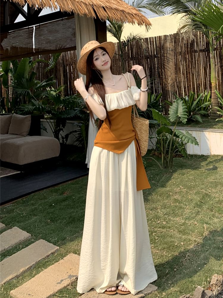 Off-Shoulder Two-Tone Asymmetrical Top / High Rise Wide Leg Pants / Set