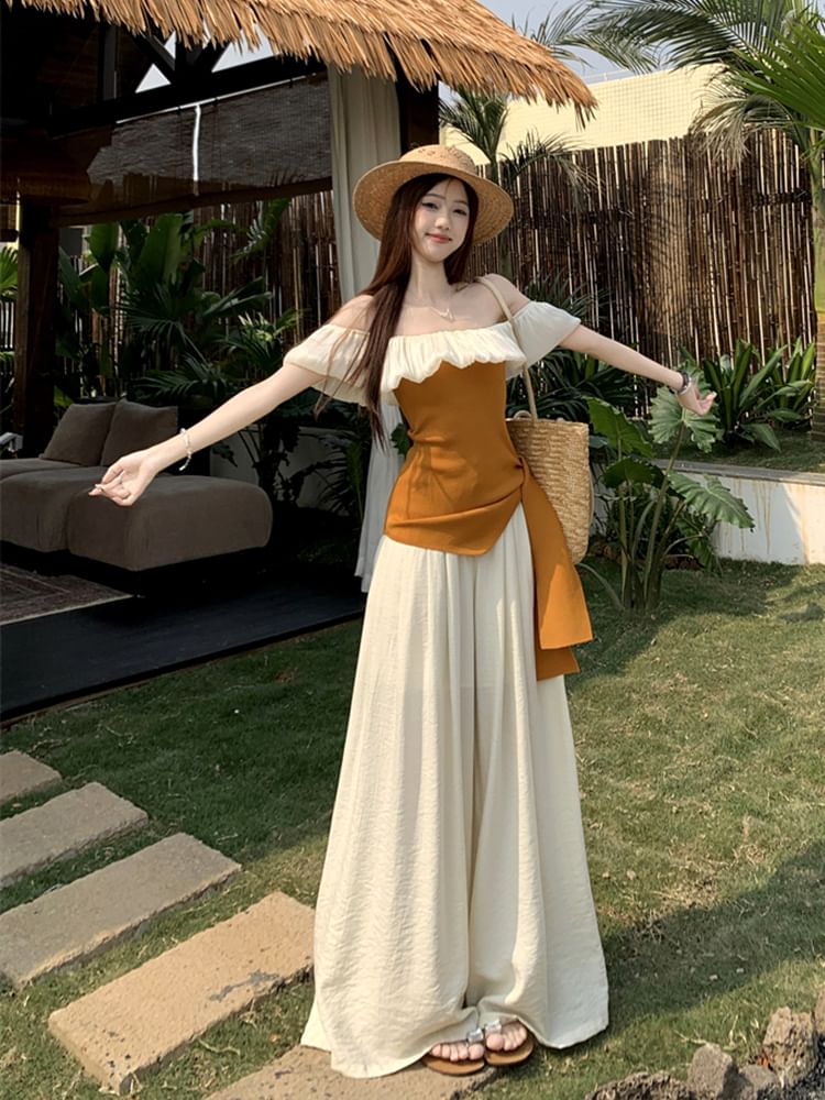 Off-Shoulder Two-Tone Asymmetrical Top / High Rise Wide Leg Pants / Set