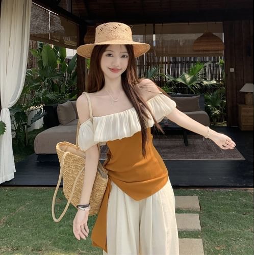 Off-Shoulder Two-Tone Asymmetrical Top / High Rise Wide Leg Pants / Set