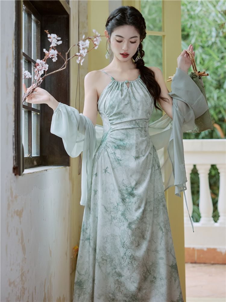 Halter-Neck Tie-Dyed Shirred Midi A-Line Dress / Shrug / Set