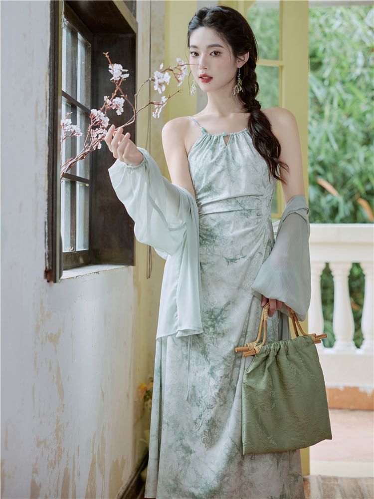 Halter-Neck Tie-Dyed Shirred Midi A-Line Dress / Shrug / Set