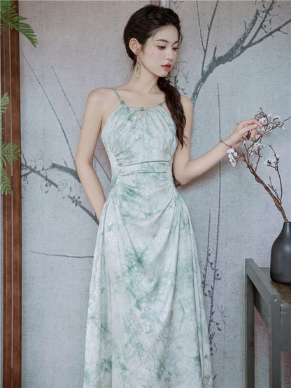 Halter-Neck Tie-Dyed Shirred Midi A-Line Dress / Shrug / Set