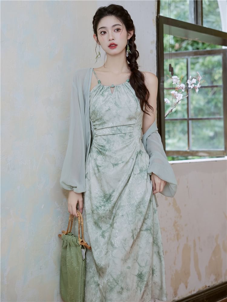 Halter-Neck Tie-Dyed Shirred Midi A-Line Dress / Shrug / Set