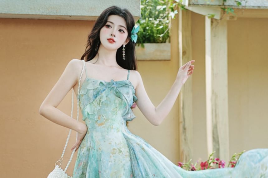 Spaghetti Strap Floral Ruffle Maxi Sundress / Plain Light Jacket / Set