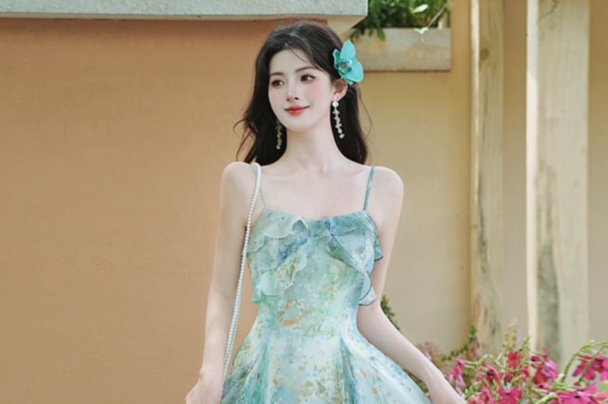 Spaghetti Strap Floral Ruffle Maxi Sundress / Plain Light Jacket / Set