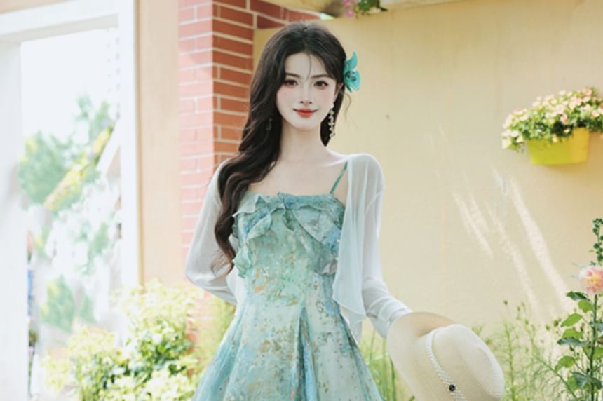 Spaghetti Strap Floral Ruffle Maxi Sundress / Plain Light Jacket / Set