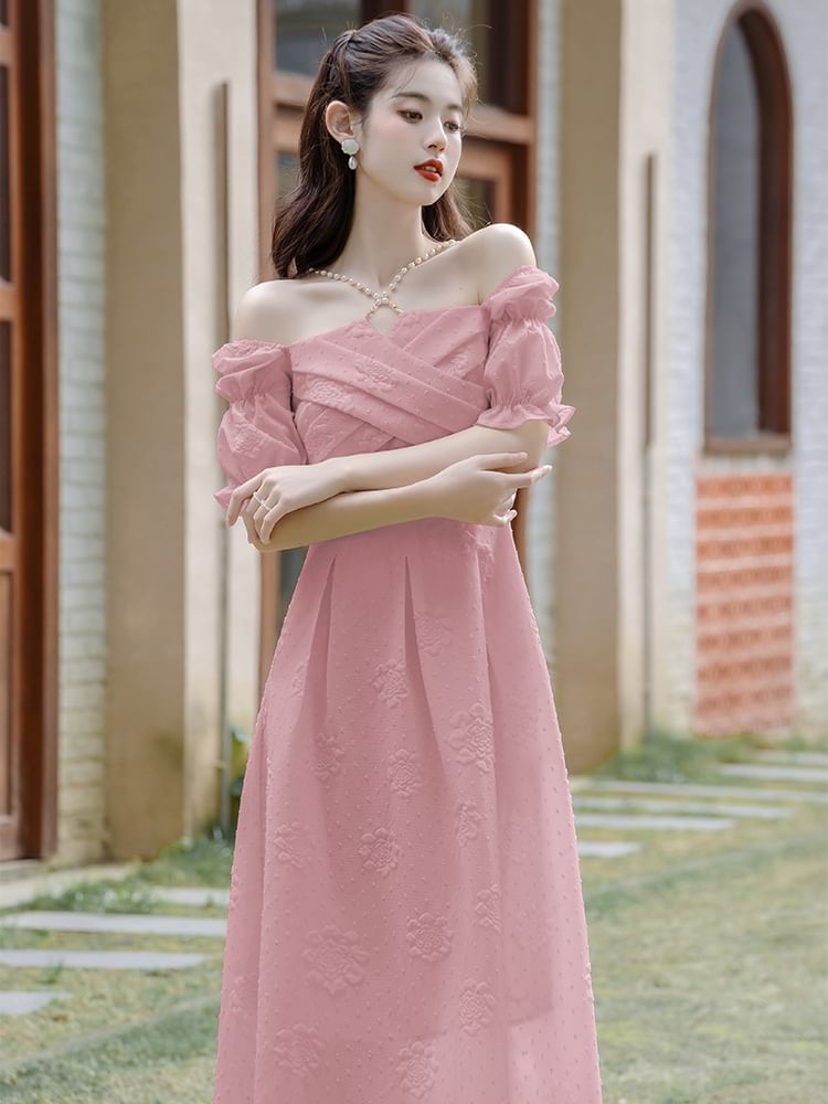 Puff-Sleeve Floral Textured Faux Pearl Midi A-Line Dress