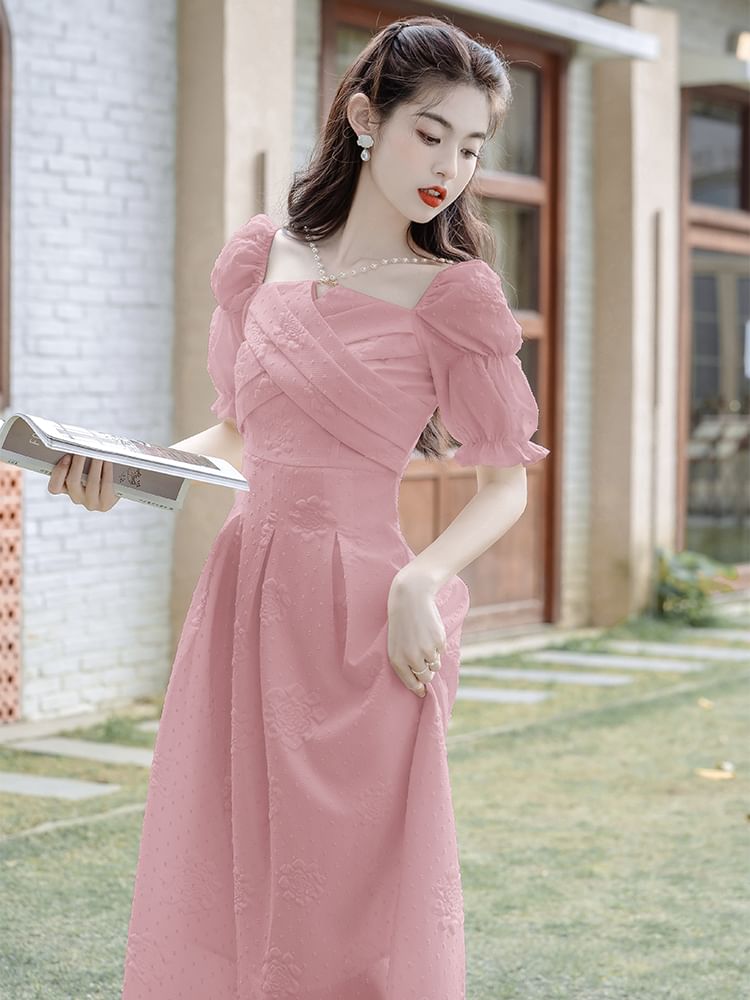 Puff-Sleeve Floral Textured Faux Pearl Midi A-Line Dress