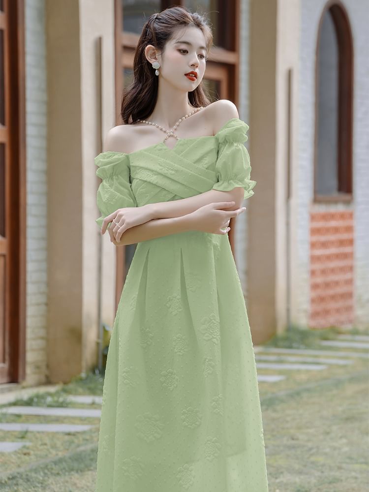 Puff-Sleeve Floral Textured Faux Pearl Midi A-Line Dress