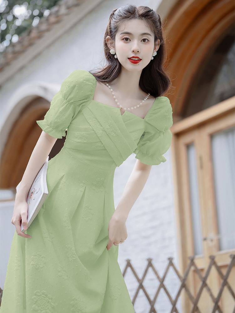 Puff-Sleeve Floral Textured Faux Pearl Midi A-Line Dress