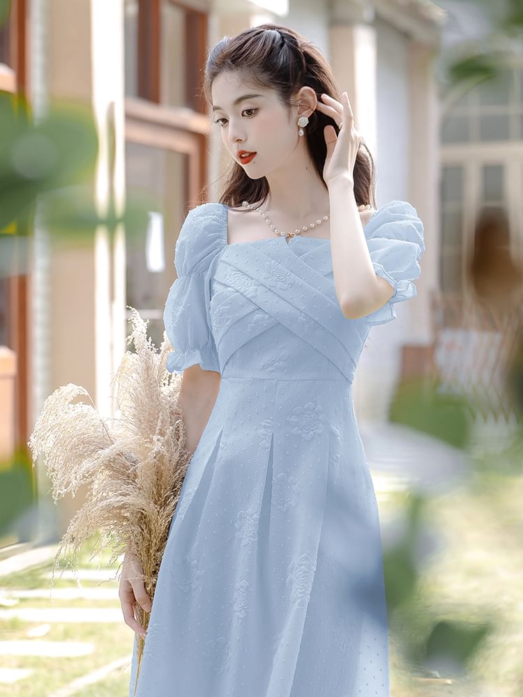 Puff-Sleeve Floral Textured Faux Pearl Midi A-Line Dress