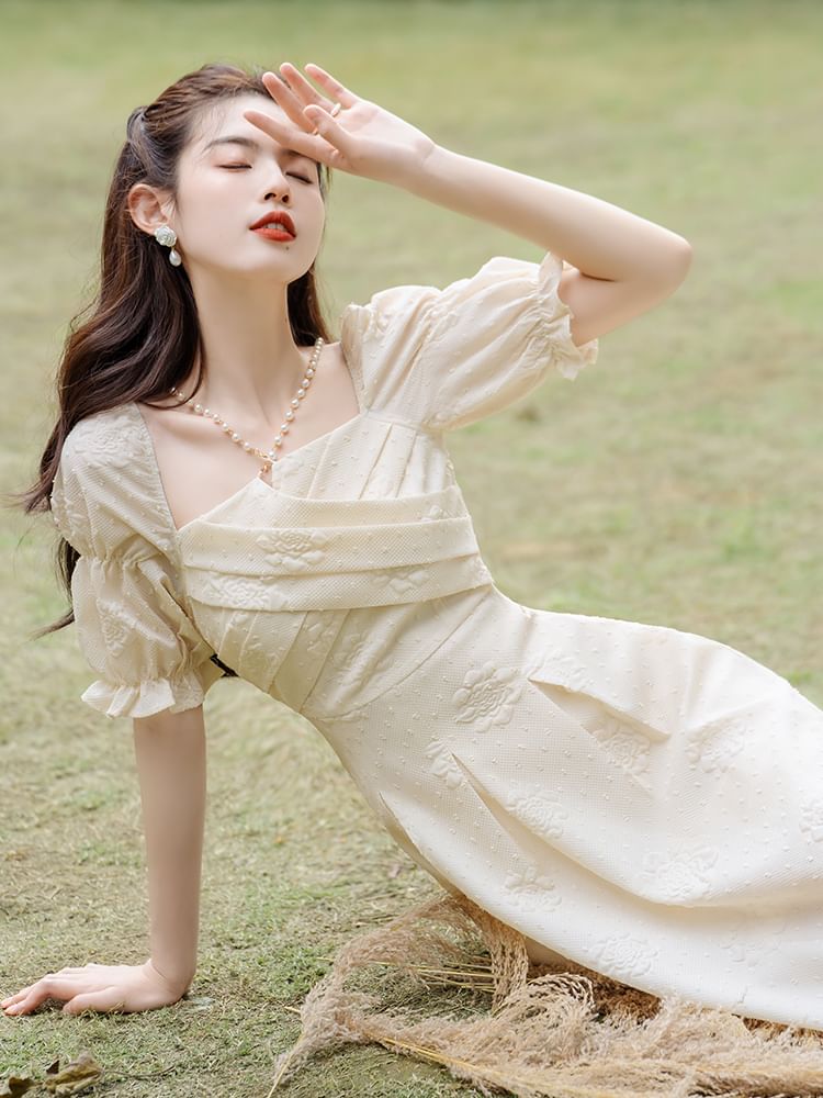 Puff-Sleeve Floral Textured Faux Pearl Midi A-Line Dress