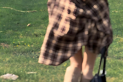 Crew Neck Plain Crop Tank Top / High Waist Shorts / Long-Sleeve Plaid Shirt / Set