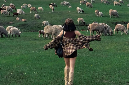 Crew Neck Plain Crop Tank Top / High Waist Shorts / Long-Sleeve Plaid Shirt / Set