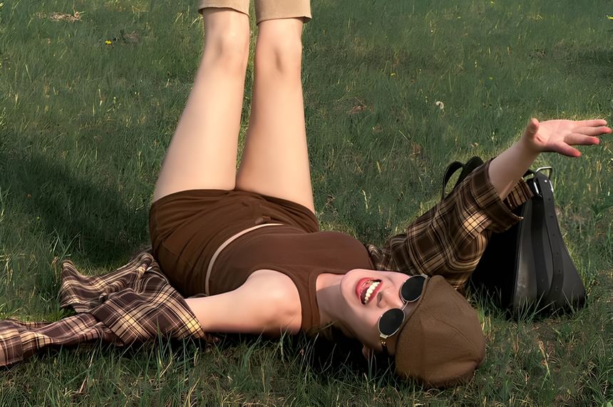 Crew Neck Plain Crop Tank Top / High Waist Shorts / Long-Sleeve Plaid Shirt / Set