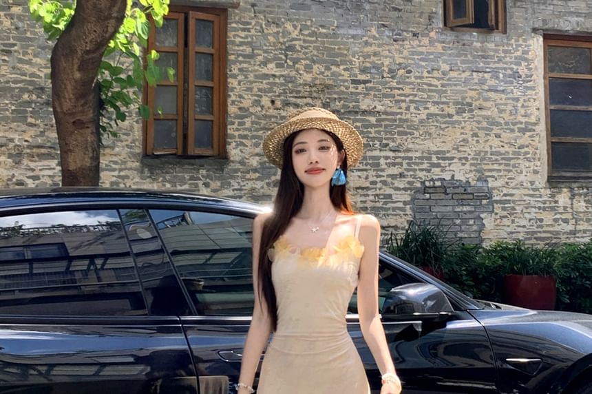 Spaghetti Strap Tie Dye Ruffle Maxi Sundress / Plain Lettuce Edge Cardigan / Set