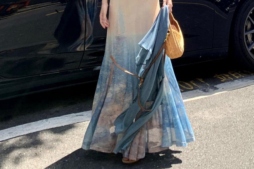 Spaghetti Strap Tie Dye Ruffle Maxi Sundress / Plain Lettuce Edge Cardigan / Set