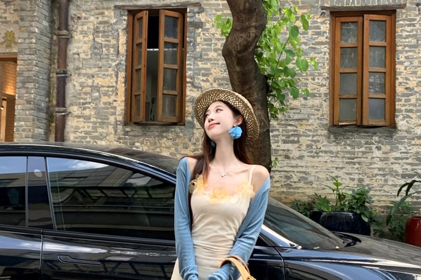 Spaghetti Strap Tie Dye Ruffle Maxi Sundress / Plain Lettuce Edge Cardigan / Set