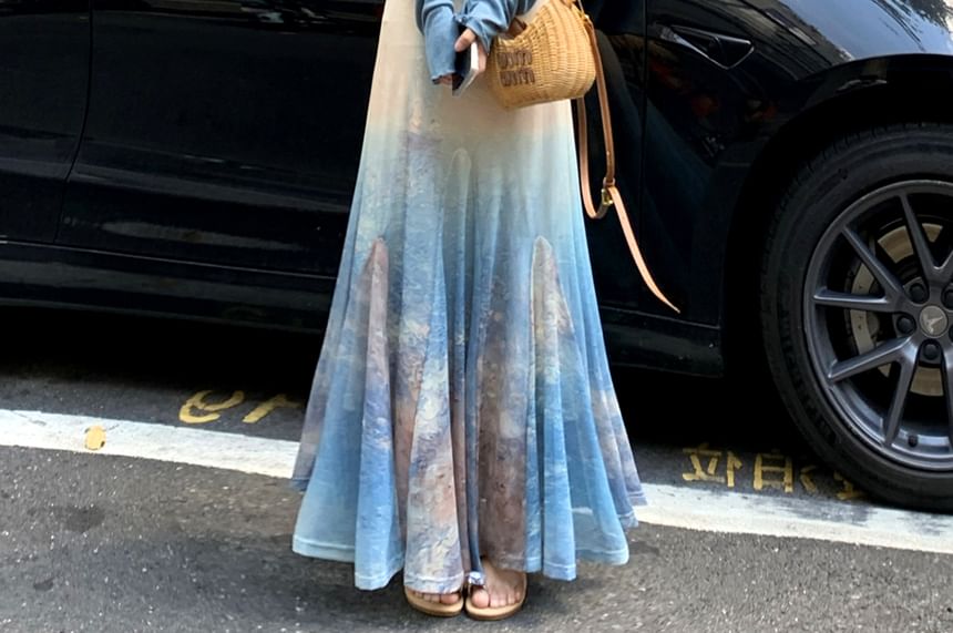 Spaghetti Strap Tie Dye Ruffle Maxi Sundress / Plain Lettuce Edge Cardigan / Set