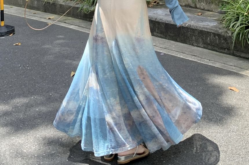 Spaghetti Strap Tie Dye Ruffle Maxi Sundress / Plain Lettuce Edge Cardigan / Set