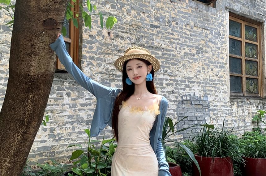 Spaghetti Strap Tie Dye Ruffle Maxi Sundress / Plain Lettuce Edge Cardigan / Set