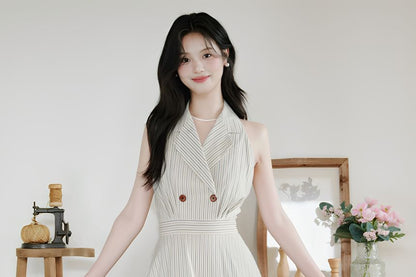 Halter Collar Striped Maxi A-Line Dress / Plain Lettuce Edge Cardigan / Set