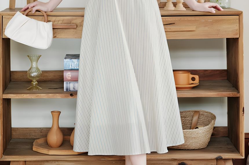 Halter Collar Striped Maxi A-Line Dress / Plain Lettuce Edge Cardigan / Set