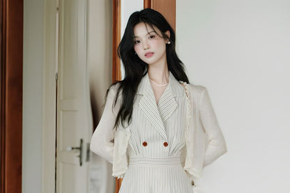 Halter Collar Striped Maxi A-Line Dress / Plain Lettuce Edge Cardigan / Set