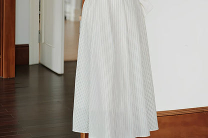 Halter Collar Striped Maxi A-Line Dress / Plain Lettuce Edge Cardigan / Set
