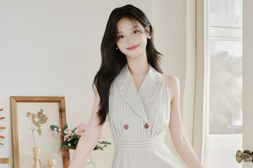 Halter Collar Striped Maxi A-Line Dress / Plain Lettuce Edge Cardigan / Set