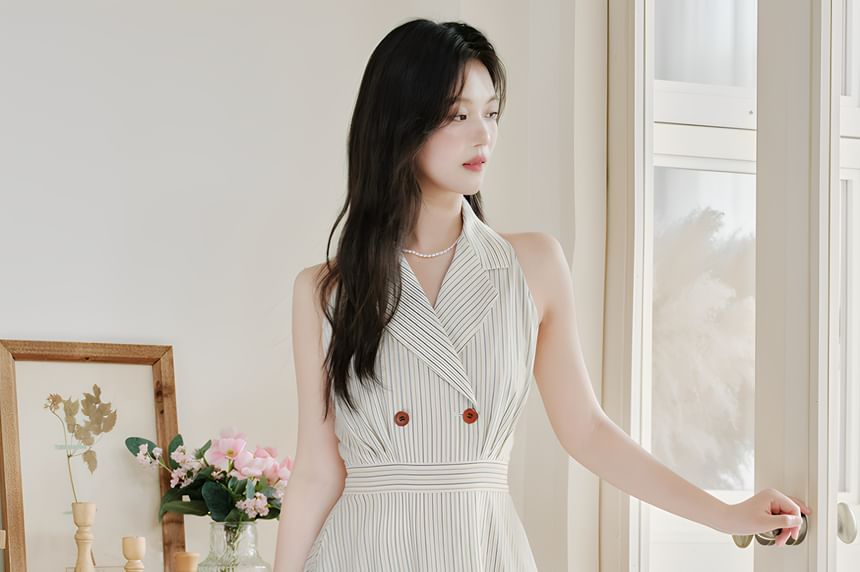 Halter Collar Striped Maxi A-Line Dress / Plain Lettuce Edge Cardigan / Set