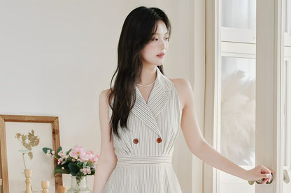 Halter Collar Striped Maxi A-Line Dress / Plain Lettuce Edge Cardigan / Set