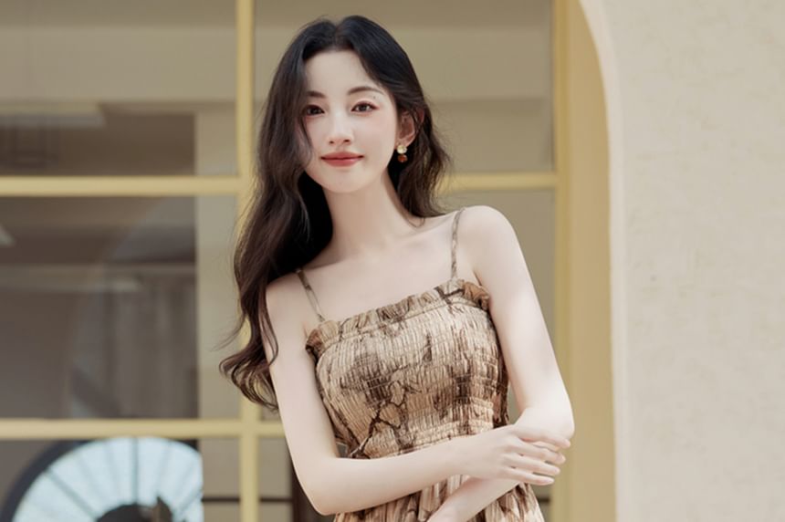 Plain Faux Leather Single-Breasted Jacket /Spaghetti Strap Tie Dye Midi Sundress / Set