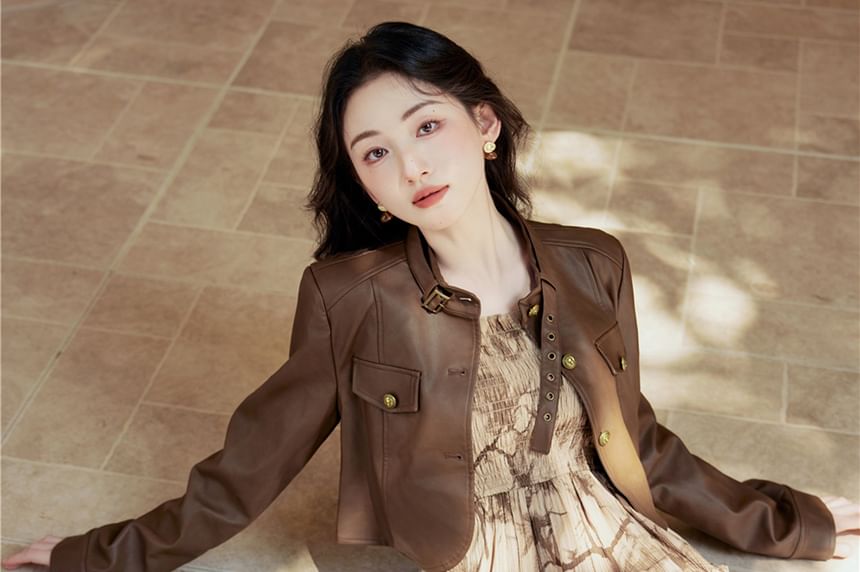 Plain Faux Leather Single-Breasted Jacket /Spaghetti Strap Tie Dye Midi Sundress / Set