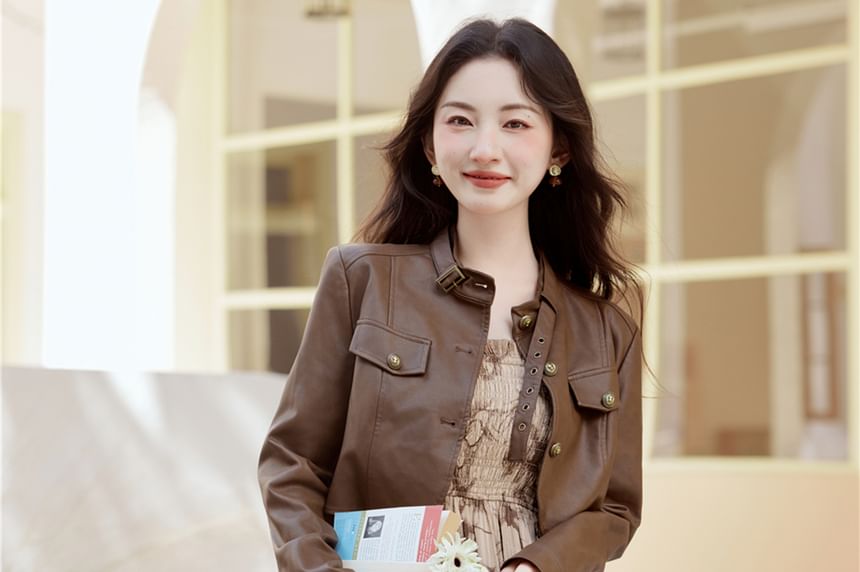 Plain Faux Leather Single-Breasted Jacket /Spaghetti Strap Tie Dye Midi Sundress / Set