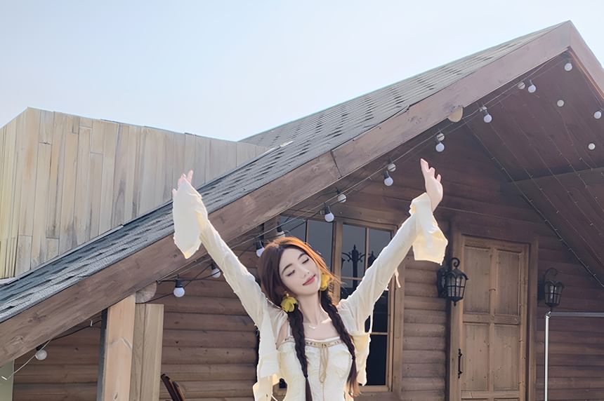 Flared-Sleeve Plain Distressed Light Jacket / Patterned Tassel Hem Asymmetrical Camisole Top / High Rise Lace Panel Maxi A-Line Skirt / Set