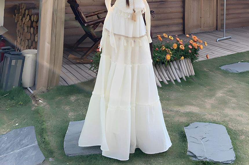 Flared-Sleeve Plain Distressed Light Jacket / Patterned Tassel Hem Asymmetrical Camisole Top / High Rise Lace Panel Maxi A-Line Skirt / Set