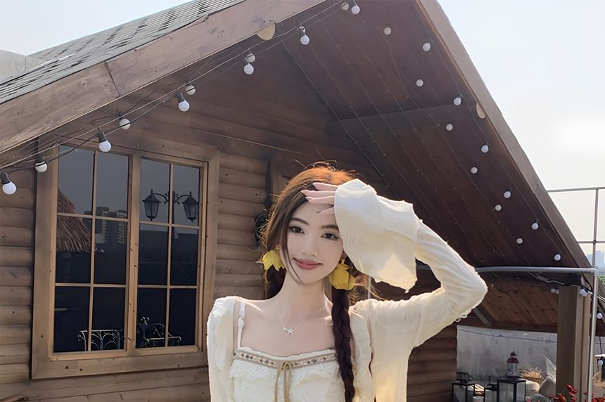 Flared-Sleeve Plain Distressed Light Jacket / Patterned Tassel Hem Asymmetrical Camisole Top / High Rise Lace Panel Maxi A-Line Skirt / Set