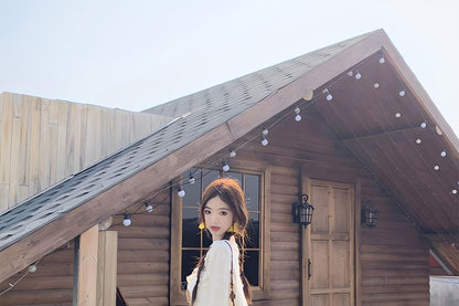 Flared-Sleeve Plain Distressed Light Jacket / Patterned Tassel Hem Asymmetrical Camisole Top / High Rise Lace Panel Maxi A-Line Skirt / Set