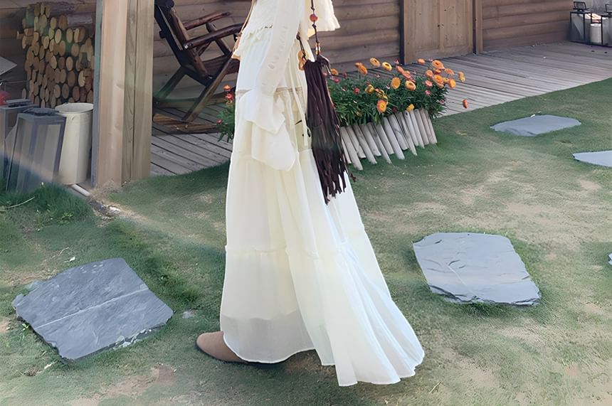 Flared-Sleeve Plain Distressed Light Jacket / Patterned Tassel Hem Asymmetrical Camisole Top / High Rise Lace Panel Maxi A-Line Skirt / Set