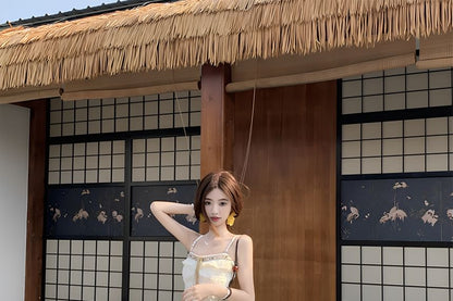 Flared-Sleeve Plain Distressed Light Jacket / Patterned Tassel Hem Asymmetrical Camisole Top / High Rise Lace Panel Maxi A-Line Skirt / Set