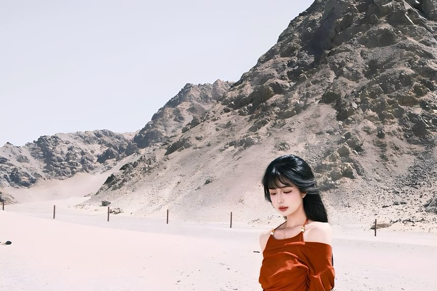 Long-Sleeve Cold-Shoulder Plain Beaded T-Shirt / High Rise Plaid Patchwork Maxi A-Line Skirt / Faux Leather Belt / Set