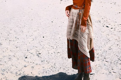 Long-Sleeve Cold-Shoulder Plain Beaded T-Shirt / High Rise Plaid Patchwork Maxi A-Line Skirt / Faux Leather Belt / Set