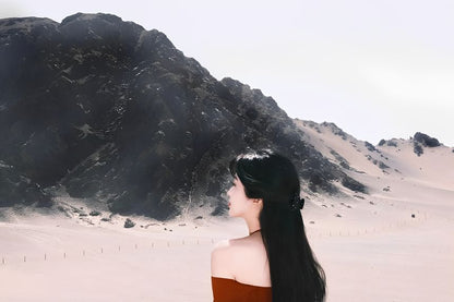 Long-Sleeve Cold-Shoulder Plain Beaded T-Shirt / High Rise Plaid Patchwork Maxi A-Line Skirt / Faux Leather Belt / Set