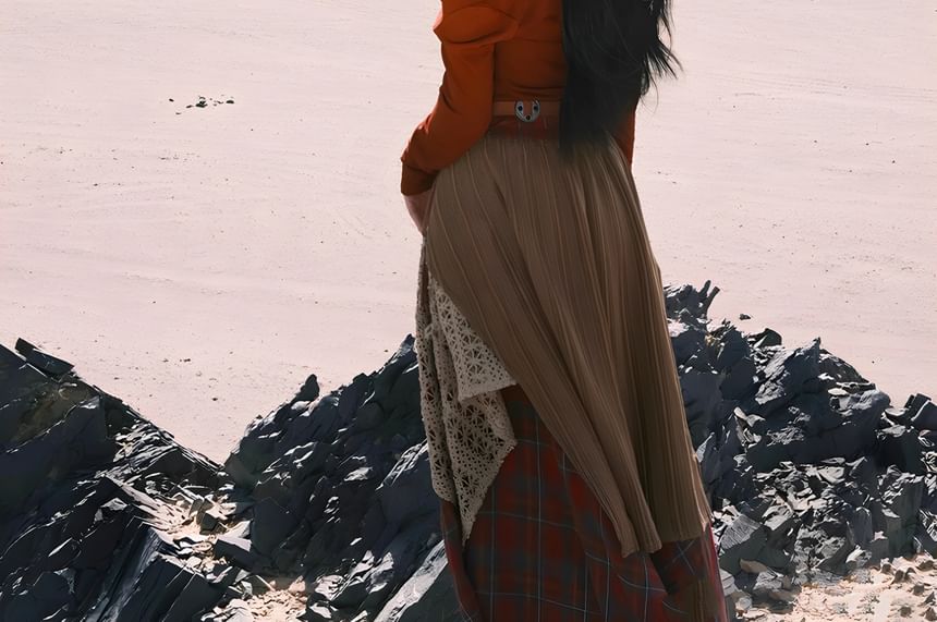 Long-Sleeve Cold-Shoulder Plain Beaded T-Shirt / High Rise Plaid Patchwork Maxi A-Line Skirt / Faux Leather Belt / Set
