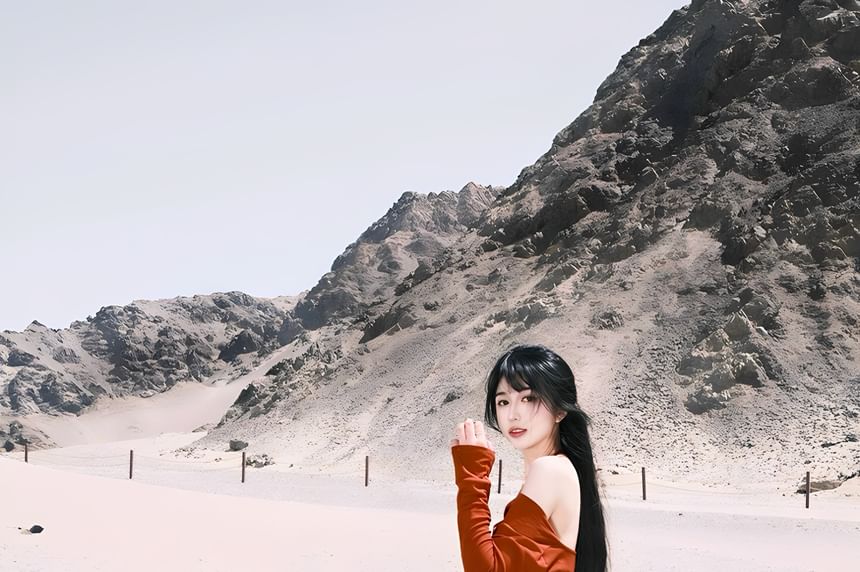 Long-Sleeve Cold-Shoulder Plain Beaded T-Shirt / High Rise Plaid Patchwork Maxi A-Line Skirt / Faux Leather Belt / Set