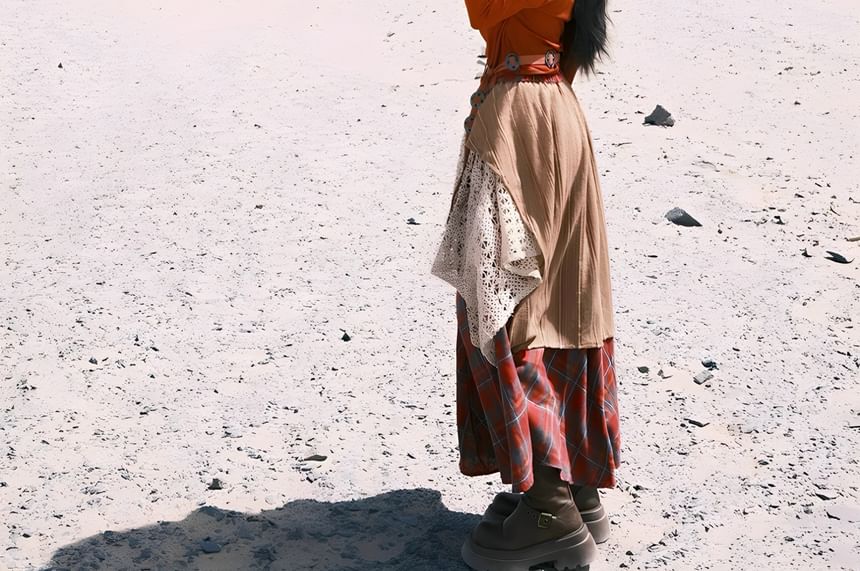 Long-Sleeve Cold-Shoulder Plain Beaded T-Shirt / High Rise Plaid Patchwork Maxi A-Line Skirt / Faux Leather Belt / Set