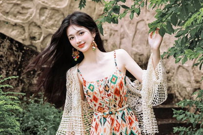 Flared-Sleeve Crochet Knit Cardigan / Spaghetti Strap Patterned Open Back Maxi Sundress / Beaded Belt / Set