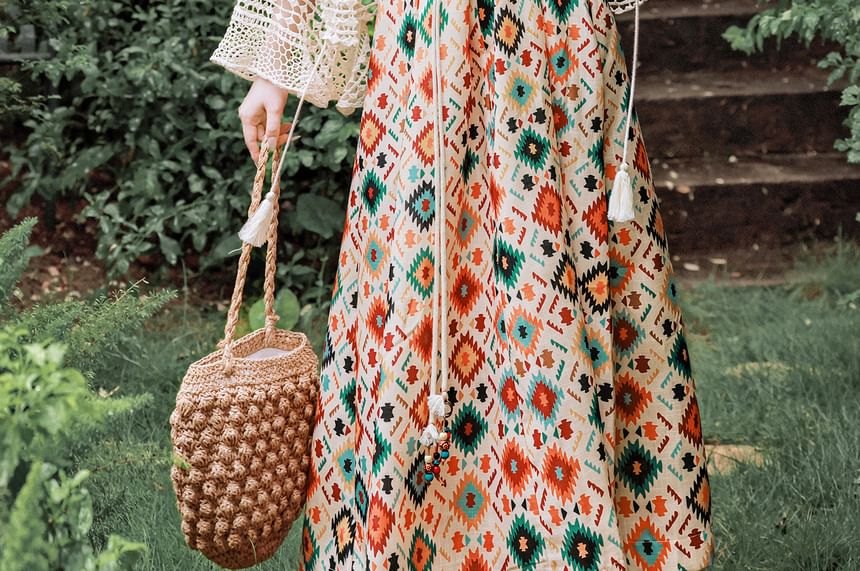 Flared-Sleeve Crochet Knit Cardigan / Spaghetti Strap Patterned Open Back Maxi Sundress / Beaded Belt / Set