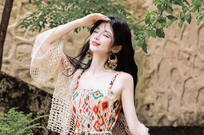 Flared-Sleeve Crochet Knit Cardigan / Spaghetti Strap Patterned Open Back Maxi Sundress / Beaded Belt / Set